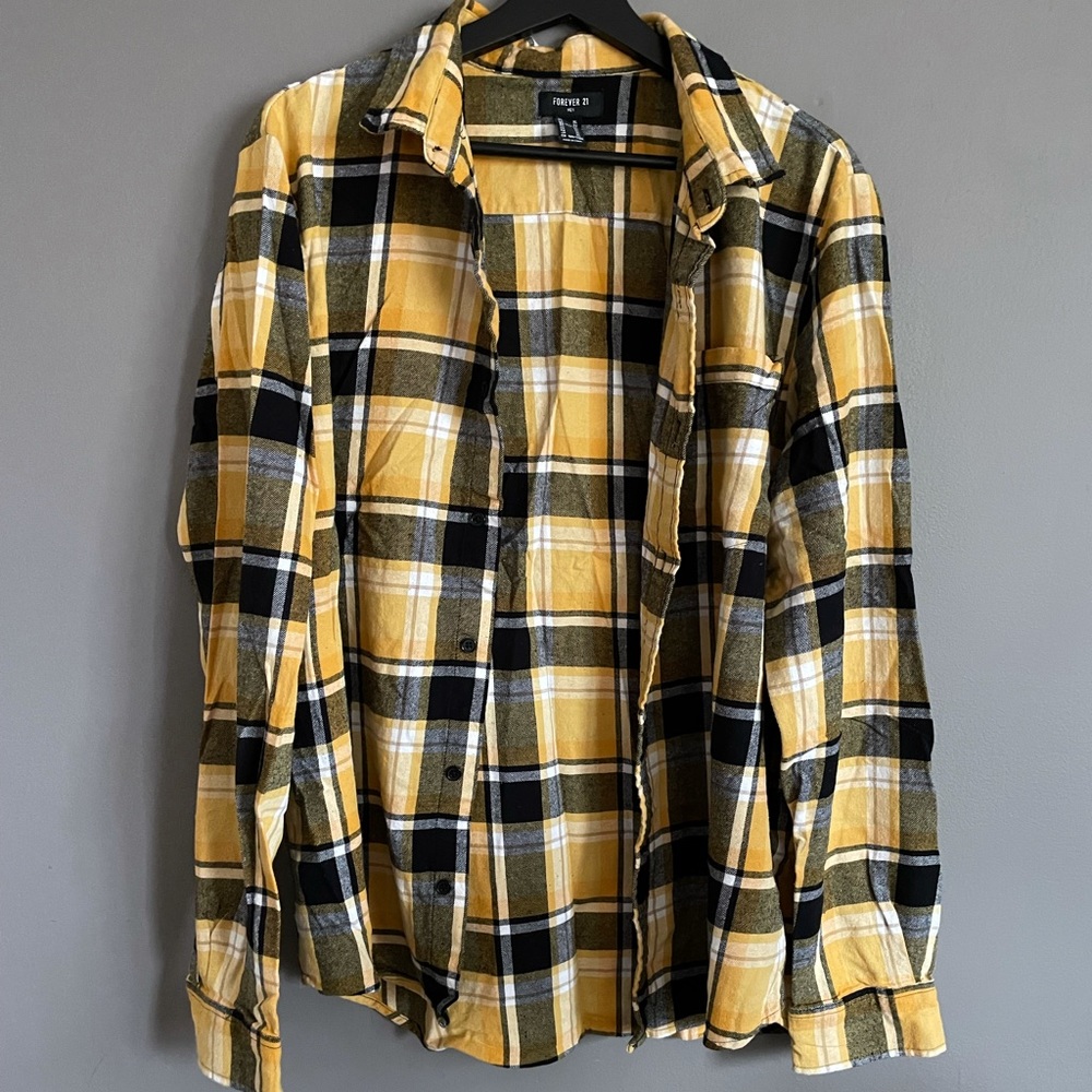 Forever21 Mens Yellow Pleated Flannel